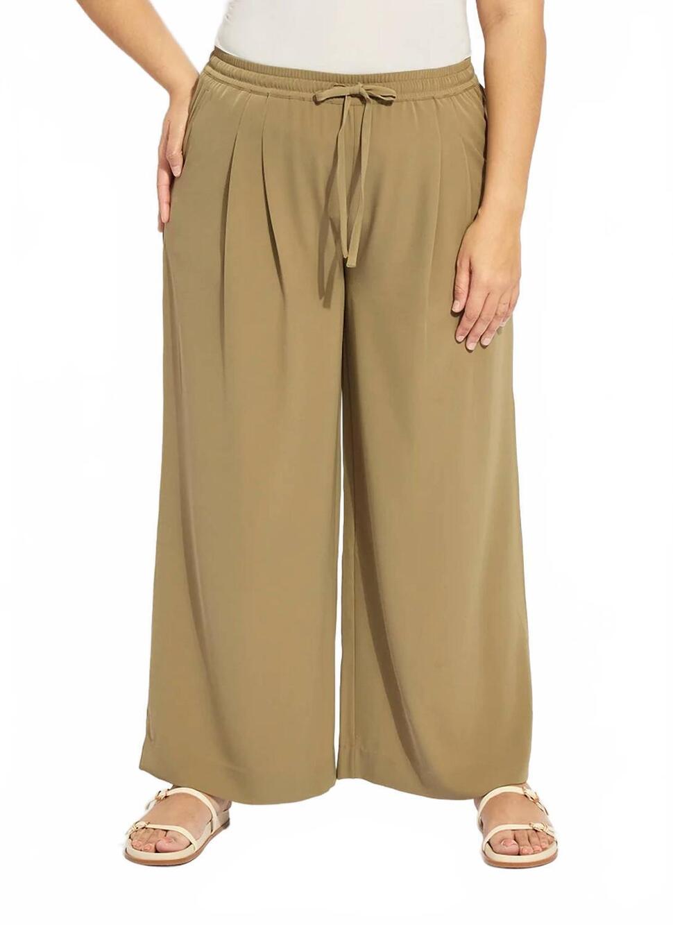 NEW LYSSE mae pleated drawstring wide leg pant in olive